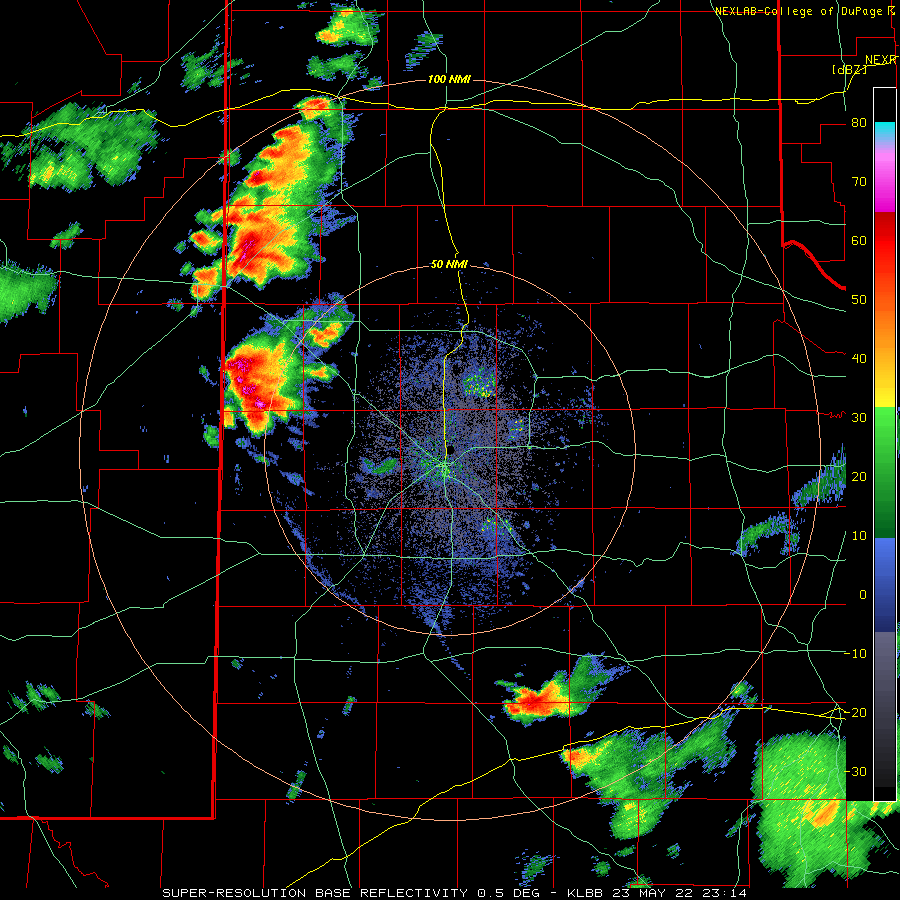 Lubbock WSR-88D radar animation valid from 6:14 pm to 8:50 pm on 23 May 2022.