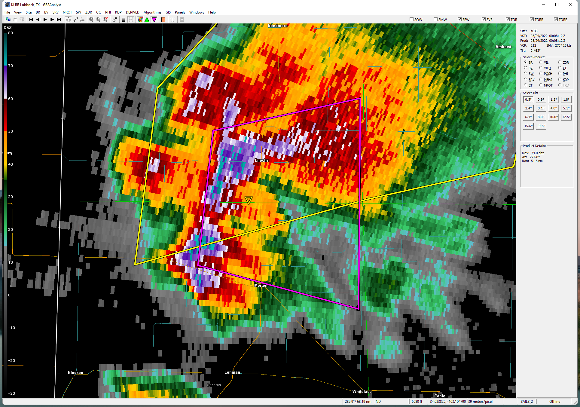 Lubbock WSR-88D 0.5 degree reflectivity data valid at 7:08 pm on 23 May 2022.