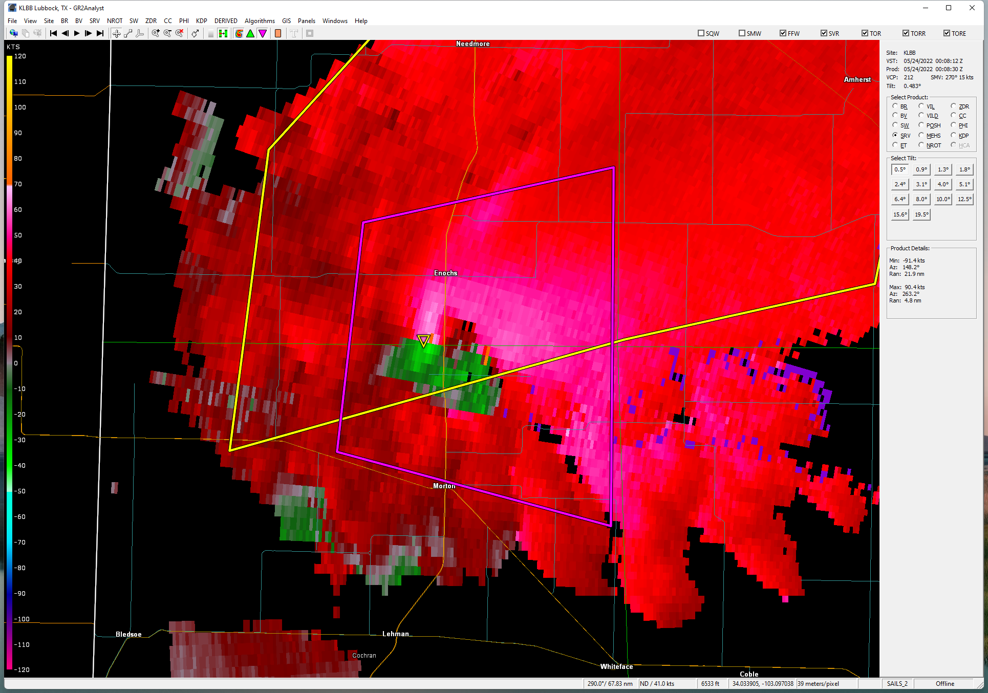 Lubbock WSR-88D 0.5 degree velocity data valid at 7:08 pm on 23 May 2022.