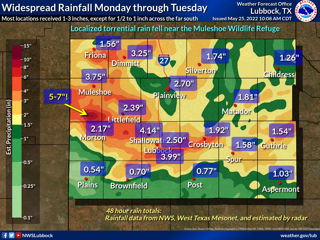 48-hour rain totals, as measured by the National Weather Service and West Texas Mesonet, ending at 9 am on 25 May 2022.