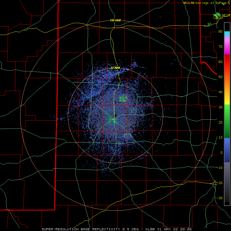 Lubbock WSR-88D radar animation valid from 3:06 pm to 5:16 pm on 31 May 2022. 