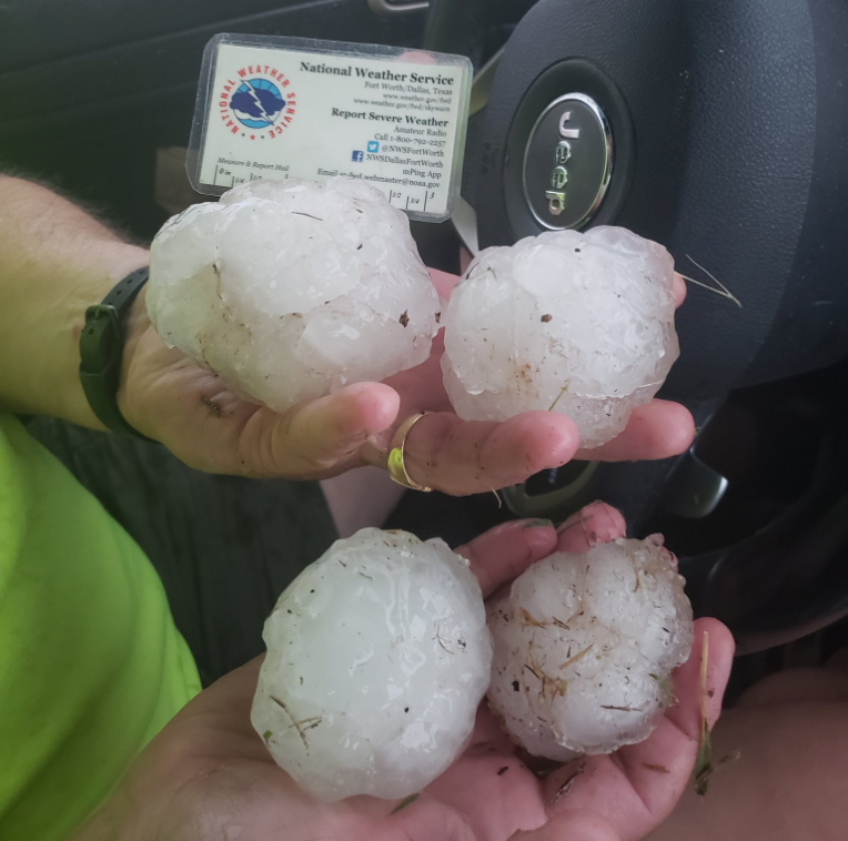 Giant hail (3.5" diameter) that fell just southeast of Memphis, Texas, late Tuesday afternoon (31 May 2022). The picture is courtesy of Randy Jennings.