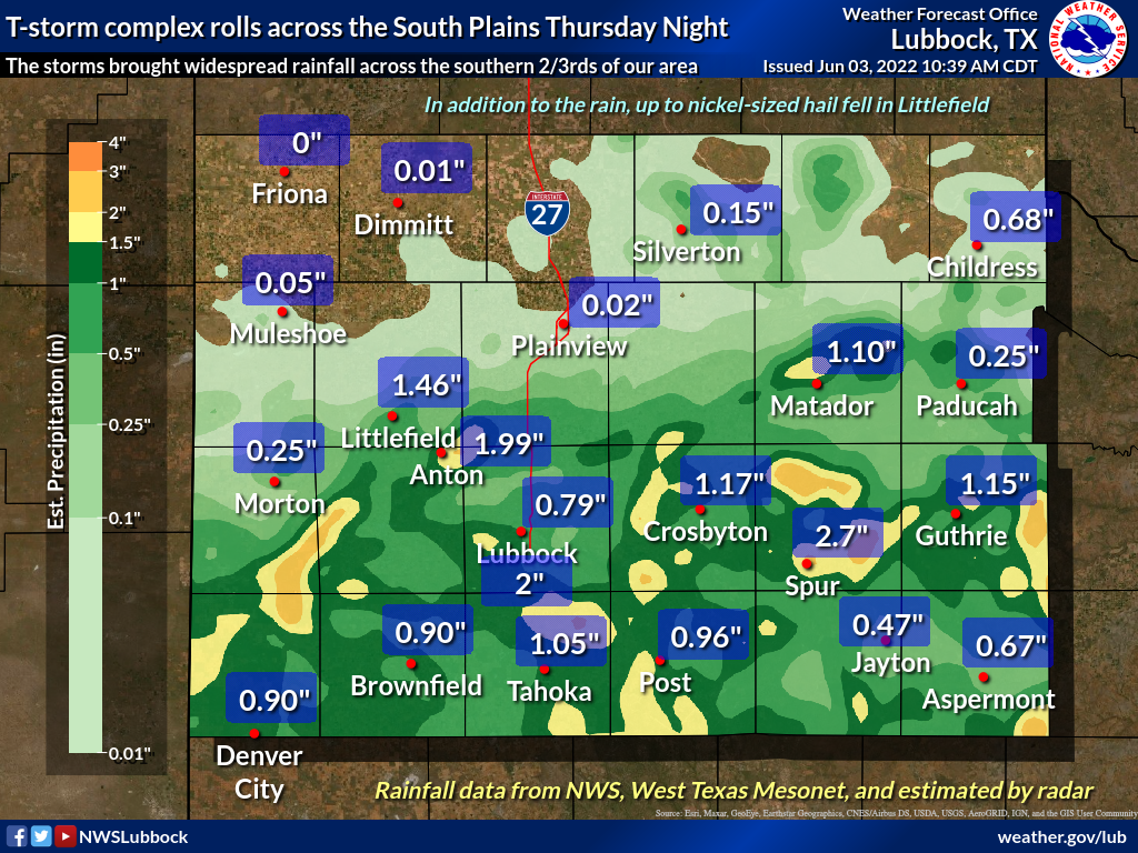 Rain totals, as measured by the West Texas Mesonet and the National Weather Service, from Thursday night into Friday morning (2-3 June 2022).