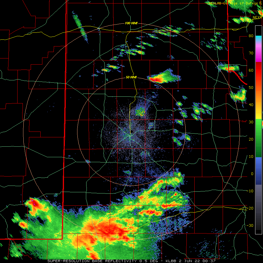 Lubbock WSR-88D radar animation valid from 7:37 pm to 9:54 pm on 1 June 2022. 