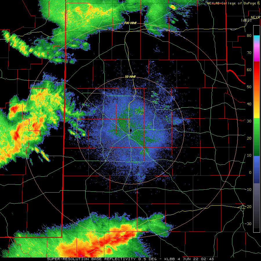 Lubbock WSR-88D radar animation valid from 9:48 pm on the 3rd to 8:05 am on 4 June 2022.