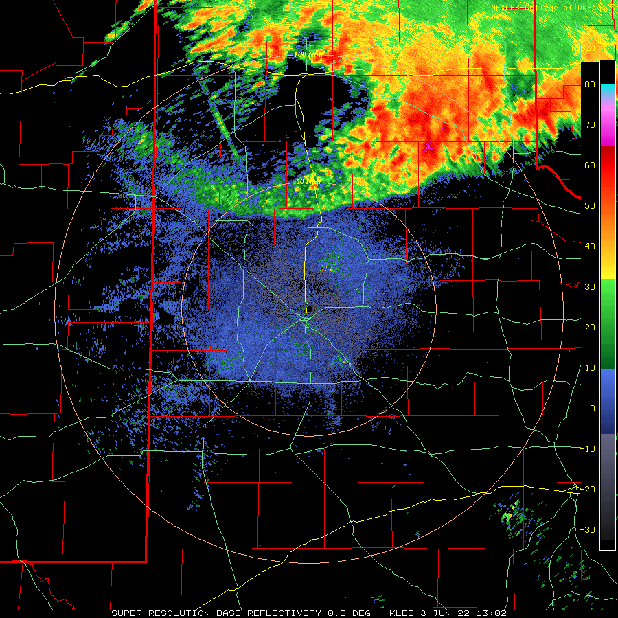 Lubbock WSR-88D radar animation valid from 8:05 am to 9:52 am on 8 June 2022.