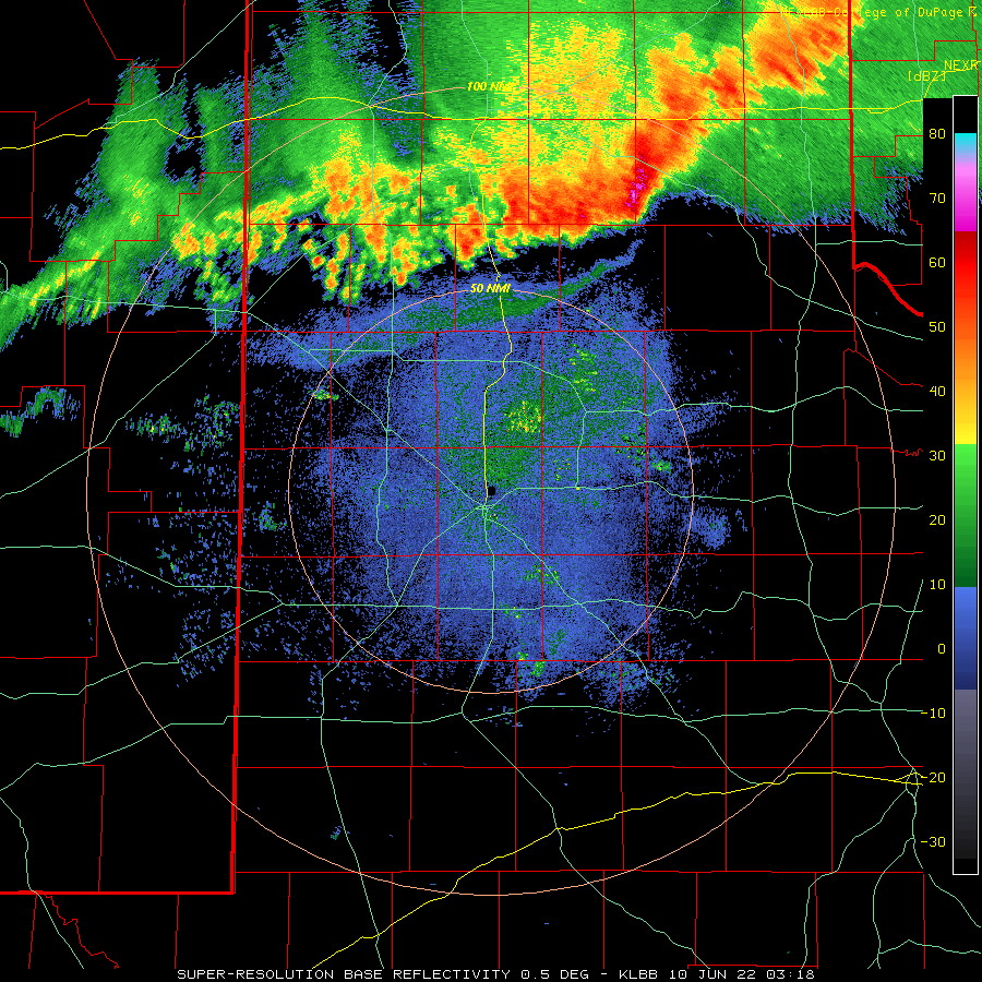 Lubbock WSR-88D radar animation valid from 10:18 pm on 9 June to 6:28 am on 10 June 2022. 