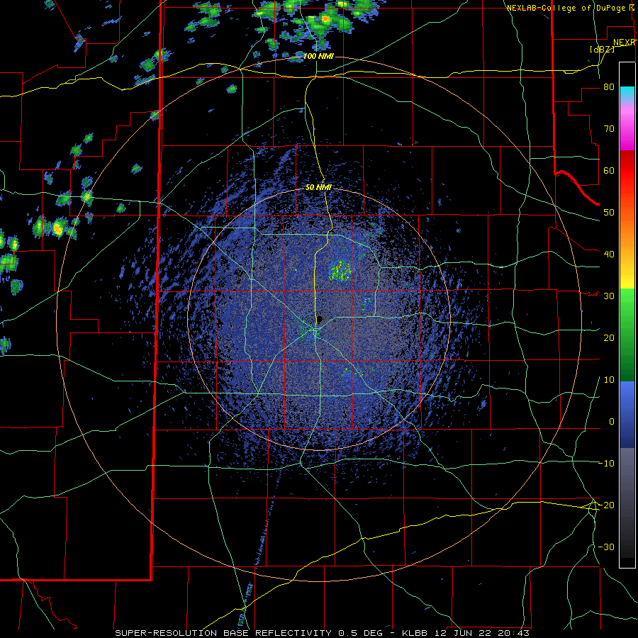 Lubbock WSR-88D radar animation valid from 3:43 pm on 12 June to 6:28 am on 13 June 2022. 
