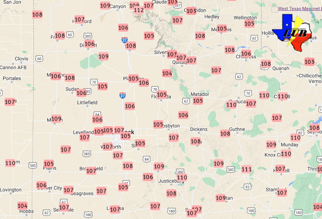 High temperatures measured by the West Texas Mesonet on 11 June 2022.