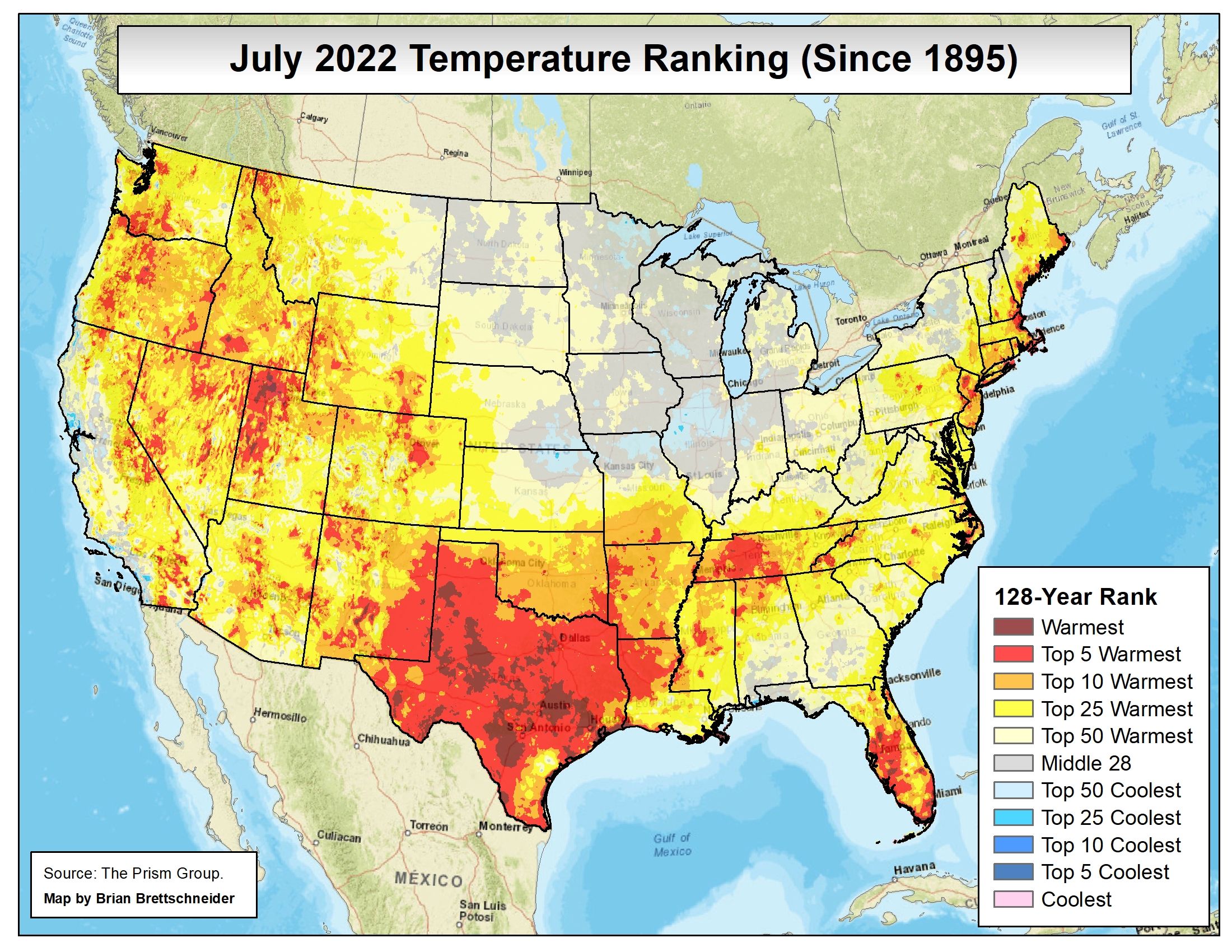 July 2022 temperature rankings since 1895 for the entire continental United States.