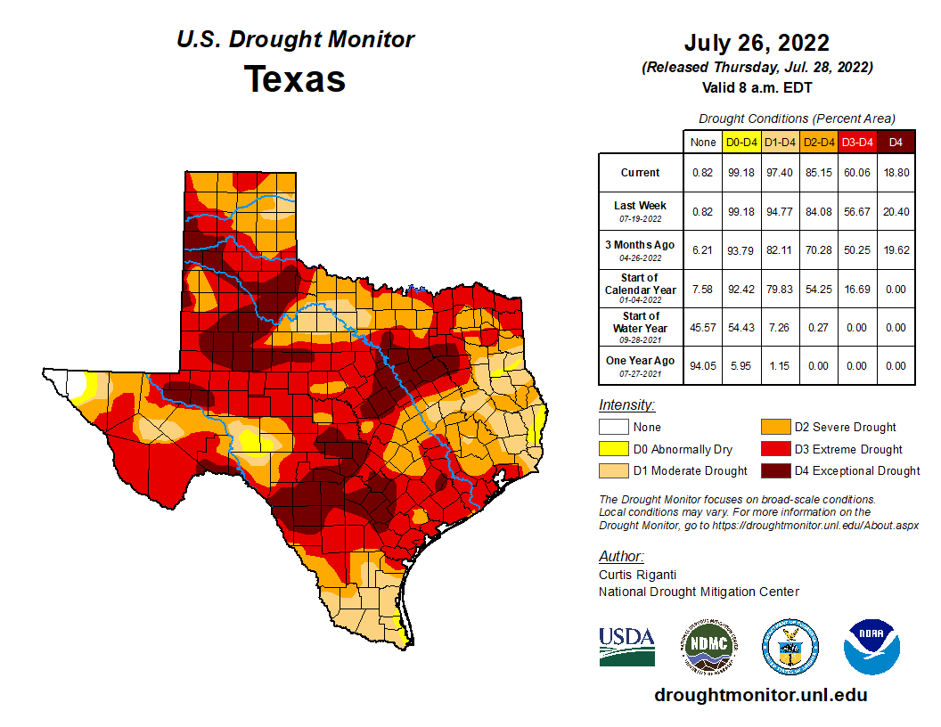 Drought monitor for Texas valid on 26 July 2022.