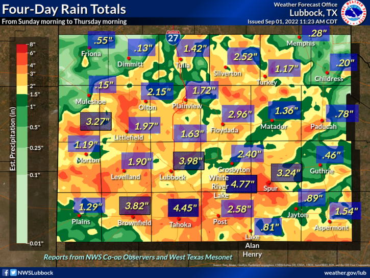 4-day rainfall through Thursday morning (1 September 2022). The data are courtesy of the NWS COOP and the West Texas Mesonet (WTM).