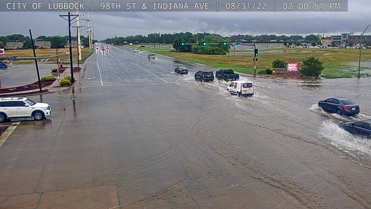 Street flooding at the intersection of Indiana and 98th Street in south Lubbock Wednesday afternoon. The image is courtesy of the city of Lubbock.