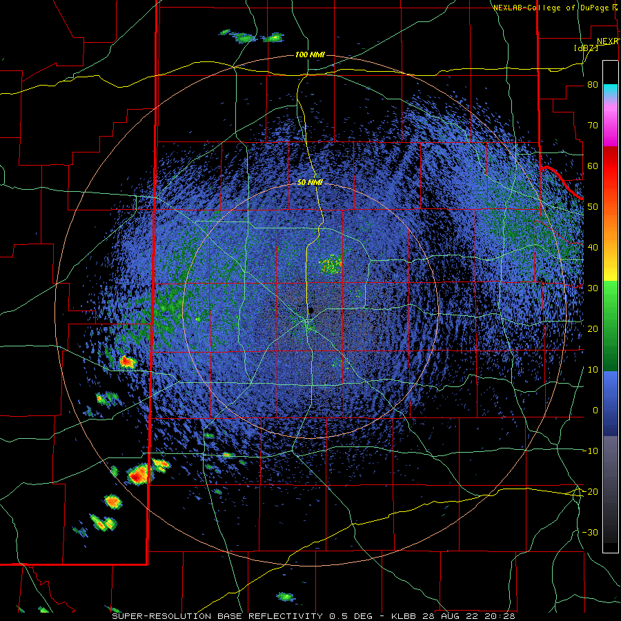 Lubbock WSR-88D radar animation valid from 3:24 pm to 7:38 pm on 28 August 2022. 