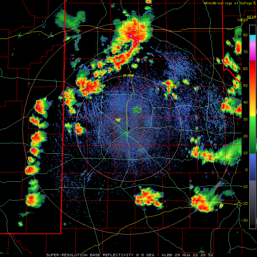 Lubbock WSR-88D radar animation valid from 3:52 pm to 7:34 pm on 29 August 2022.