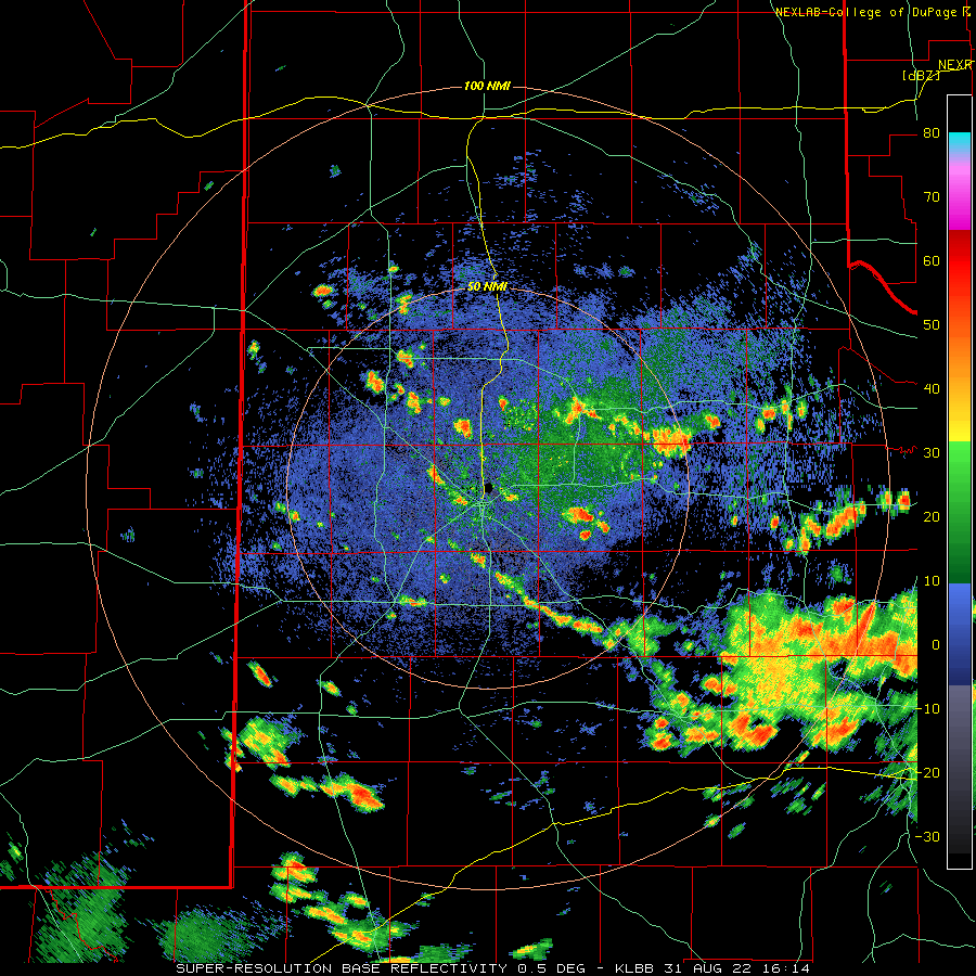 Lubbock WSR-88D radar animation valid from 11:14 am to 12:54 pm on 31 August 2022.