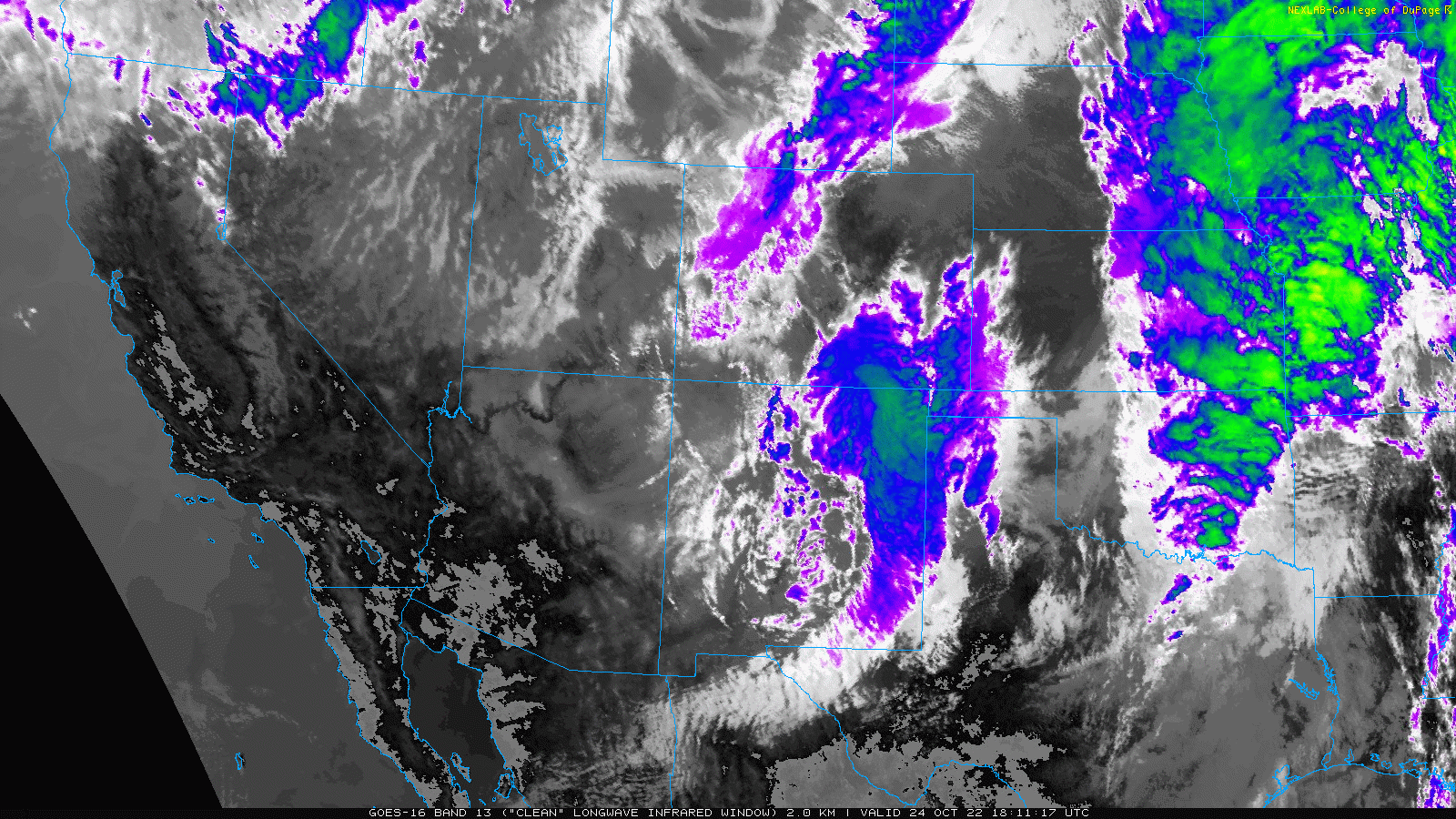 Regional infrared satellite loop valid from 1:11 pm to 2:57 pm on 24 October 2022.