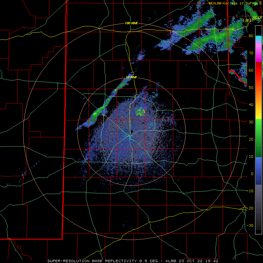 Lubbock WSR-88D radar animation valid from 11:44 am to 3:02 pm on 24 October 2022.