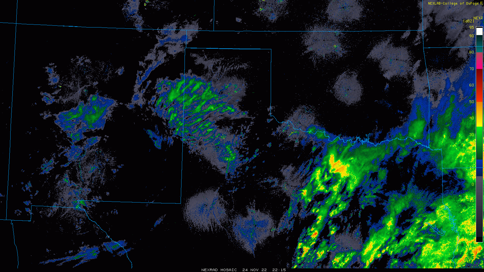 Regional radar loop valid from 4:15 pm on 24 November to 7:35 am on the 25th.