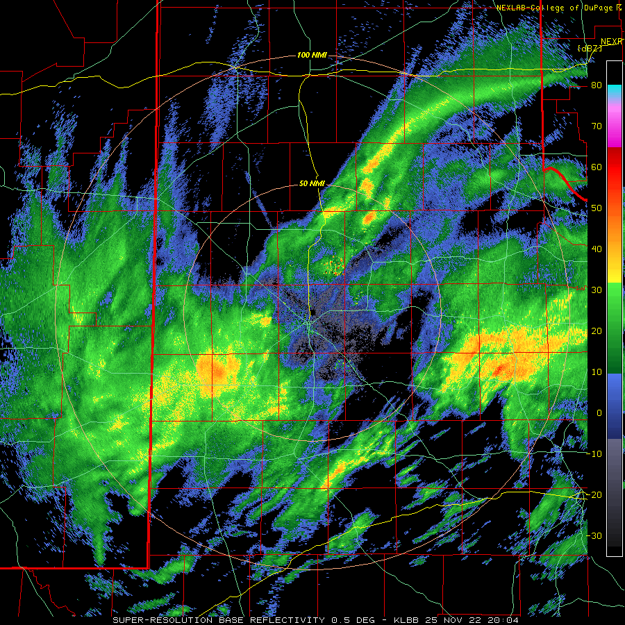 Lubbock WSR-88D radar animation valid from 4:05 pm to 11:01 pm on 25 November 2022. 