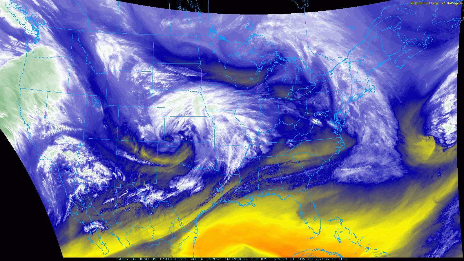 Water vapor satellite animation valid from 5:16 pm to 6:26 pm on Wednesday (11 January 2023).