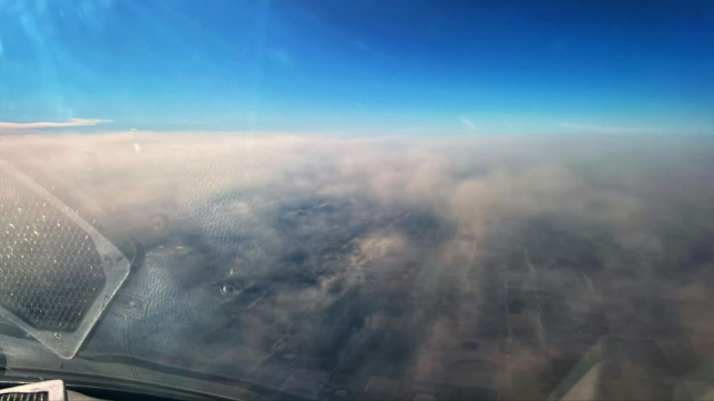 View of the dust over the South Plains from 24,000 feet on Wednesday afternoon (11 January 2023). The picture is courtesy of Jerry Fletcher and Jacob Riley.