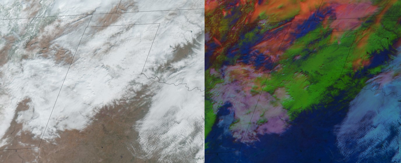 GOES visible (left) and RGB enhanced (right) images snow and cloud cover Wednesday morning (25 January 2023).