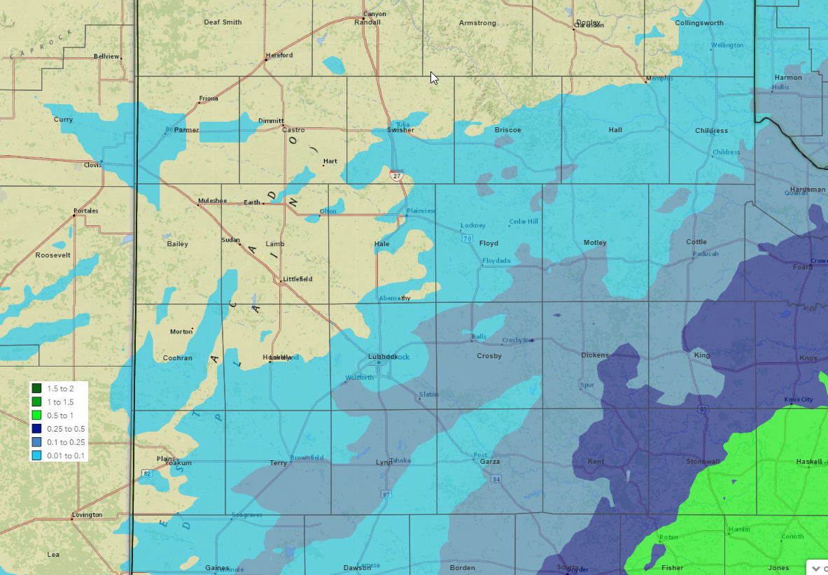 Radar-estimated and bias-corrected precipitation (liquid equivalent in inches) for the late January 2023 snow event. 