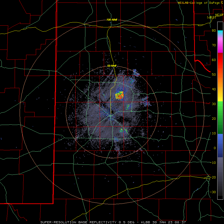 Lubbock WSR-88D radar animation valid from 2:37 am to 10:13 am on Monday (30 January 2023).