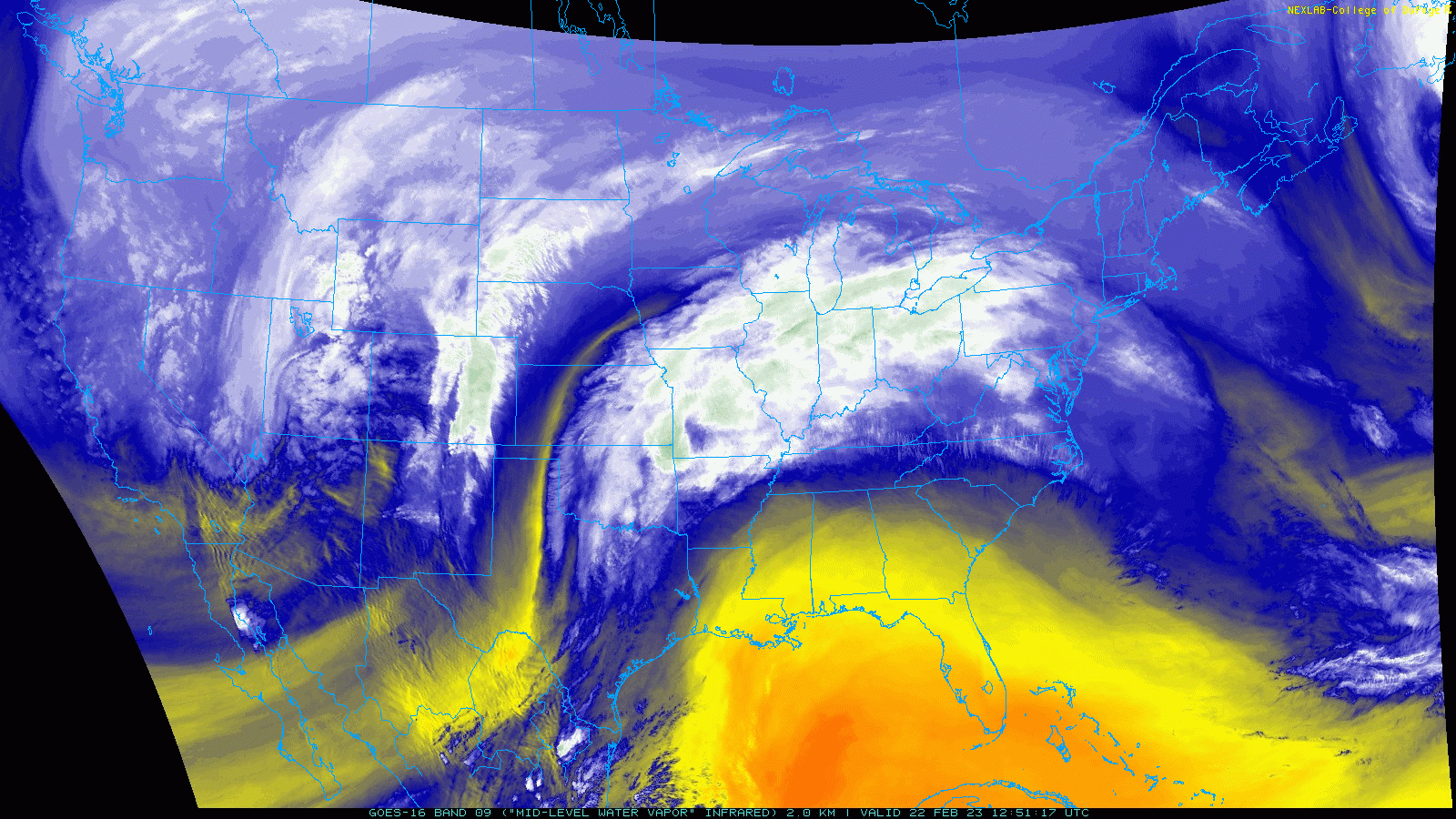 Water vapor satellite loop valid from 6:51 am to 4:21 pm on Wednesday (22 February 2023).