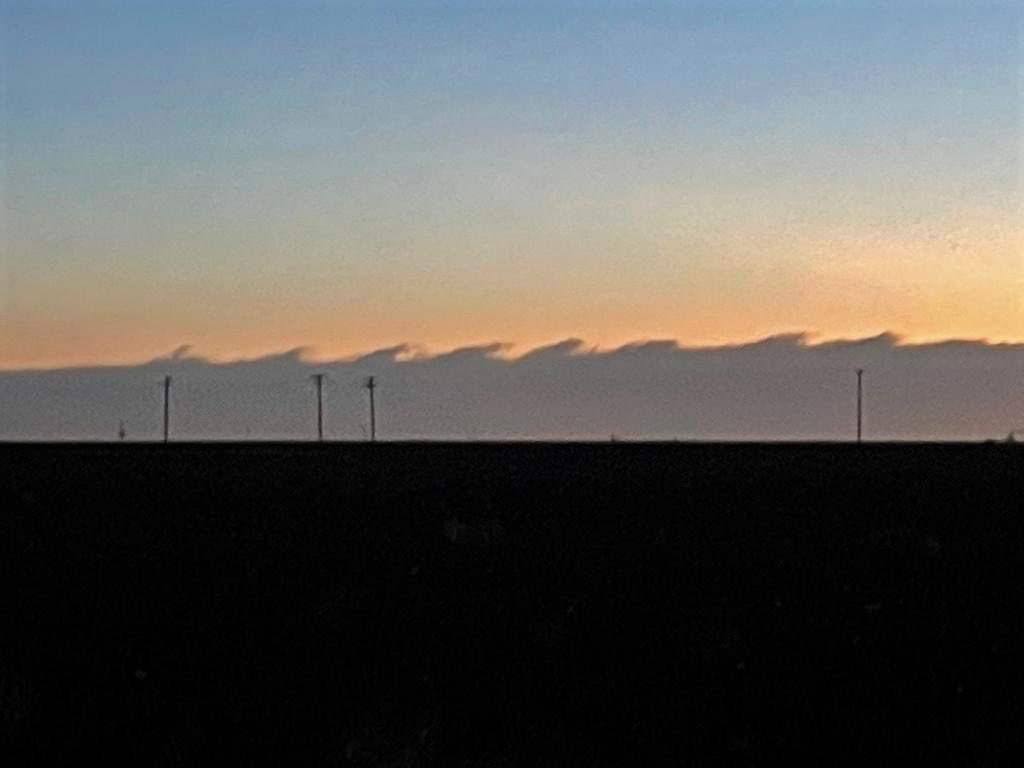 Kelvin-Helmholtz clouds viewed to the east of Lubbock early Wednesday morning (22 February 2023). The picture is courtesy of the West Texas Mesonet.