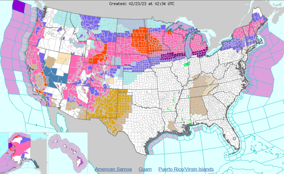Watch, warning and advisory map valid for the entire United States Wednesday evening (22 February).