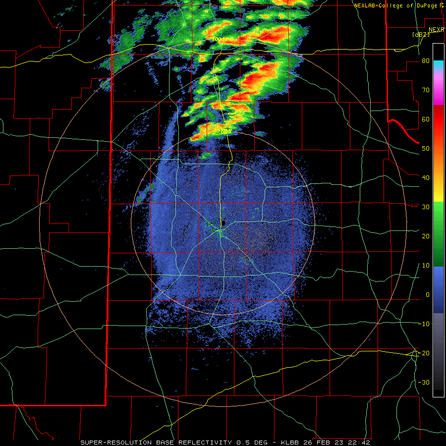Lubbock WSR-88D radar animation valid from 4:42 to 8:14 pm Sunday evening (26 February).