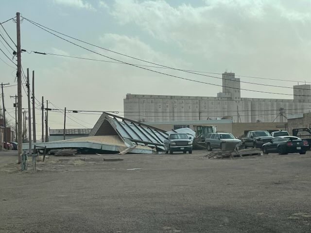 Roof blown off the old American Legion building in Friona. The image is courtesy of @bwhite70 on Twitter.