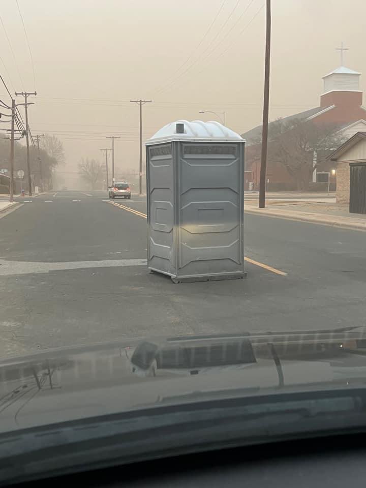 An escaped Porta Potty in Lubbock Sunday evening (26 February 2023). The image is courtesy of Todd Turnbow via Twitter.