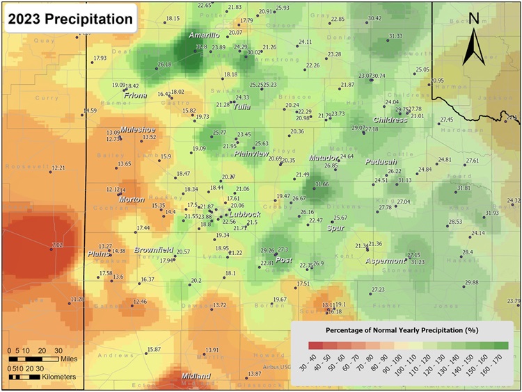 This map shows the 2023 rainfall as a percent of the 30-year normal rainfall (1991-2020). Also plotted is the rainfall observed, in inches, at each collection site. Please click on the map to view a full-sized version. 