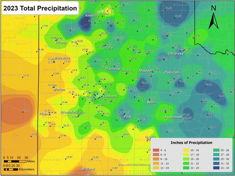 This map displays the precipitation totals for 2023. The map was created with data gathered from the NWS Cooperative observers and automated stations, and the West Texas Mesonet. Click on the map to view a full-sized version.