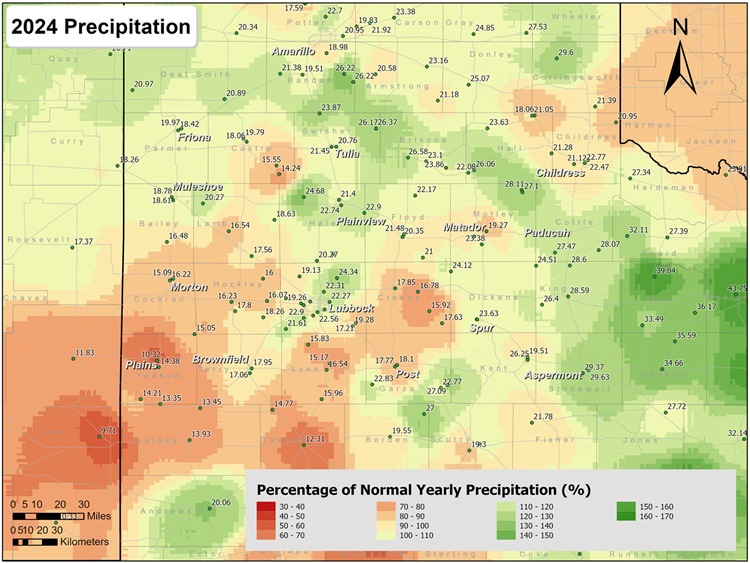 This map shows the 2024 rainfall as a percent of the 30-year normal rainfall (1991-2020).Â Also plotted is the rainfall observed, in inches, at each collection site. Please click on the map to view a full-sized version. 