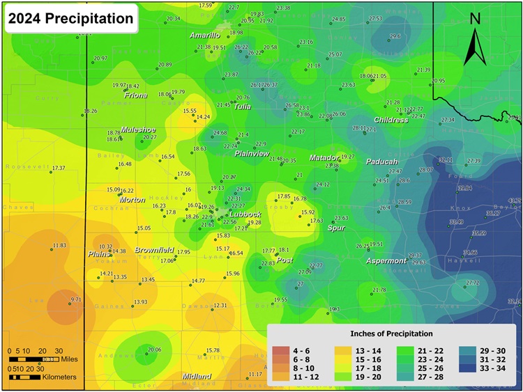 This map displays the precipitation totals for 2024. The map was created with data gathered from the NWS Cooperative observers and automated stations, and the West Texas Mesonet. Click on the map to view a full-sized version.