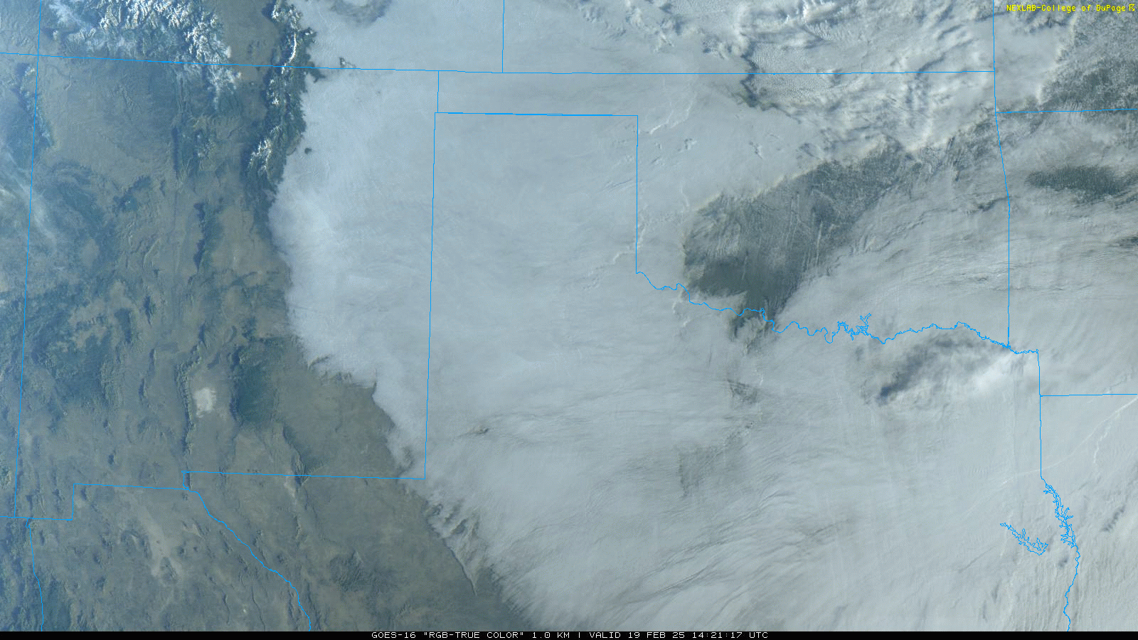 "RCB-True color" satellite animation valid from 8:26 am to 9:01 am on Wednesday (19 February 2025).