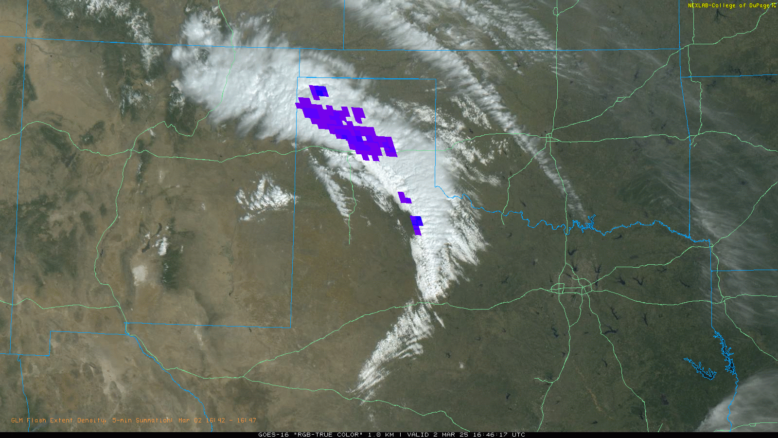 "RGB-True Color" satellite loop valid from 10:56 am to 4:46 pm on Sunday (2 March 2025). Lightning data (GLM), as sensed from satellite, is also plotted on top of the clouds.