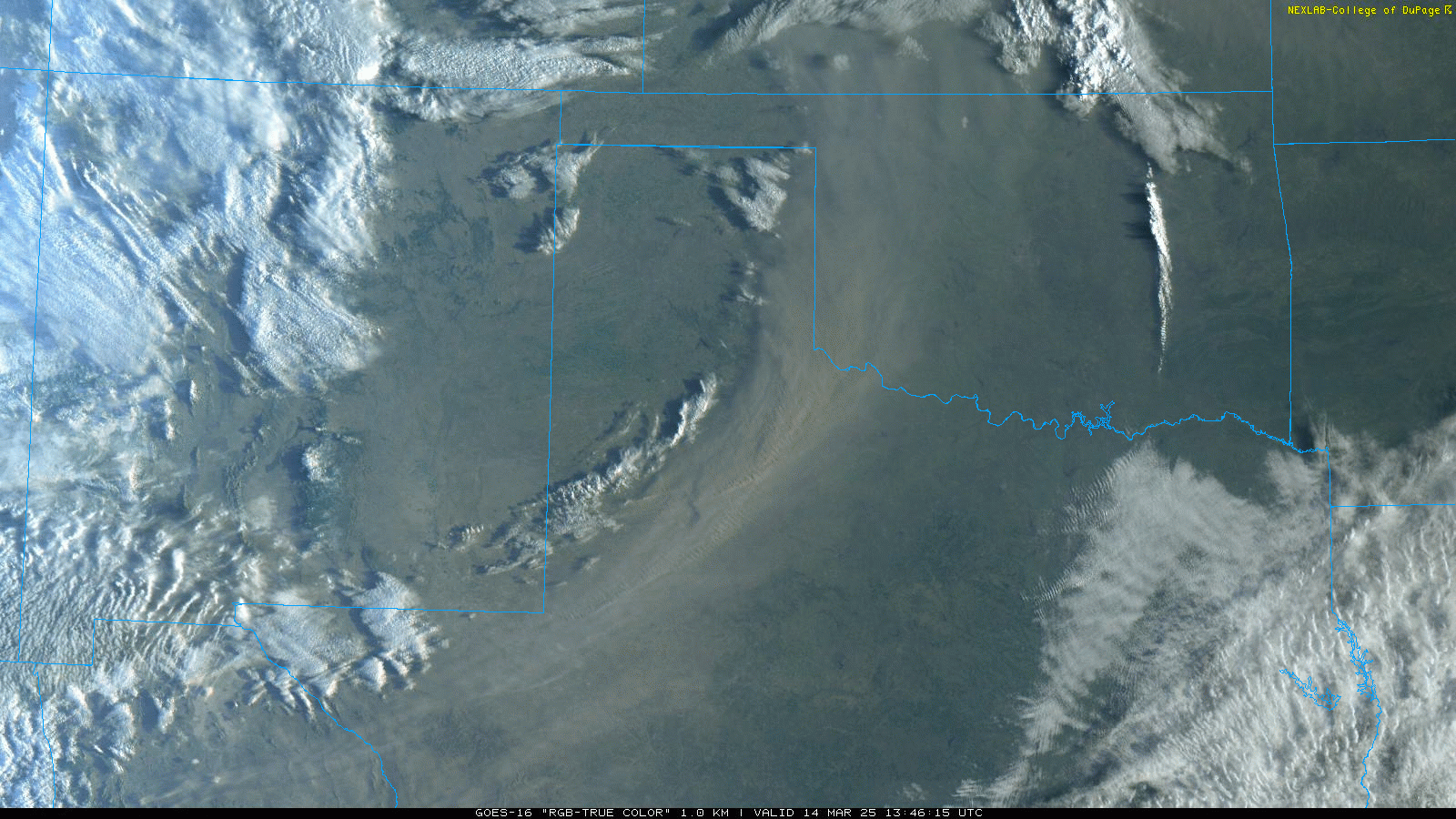 "RGB-True Color" satellite loop valid from 8:46 am to 6:56 pm on Friday (14 March 2025).