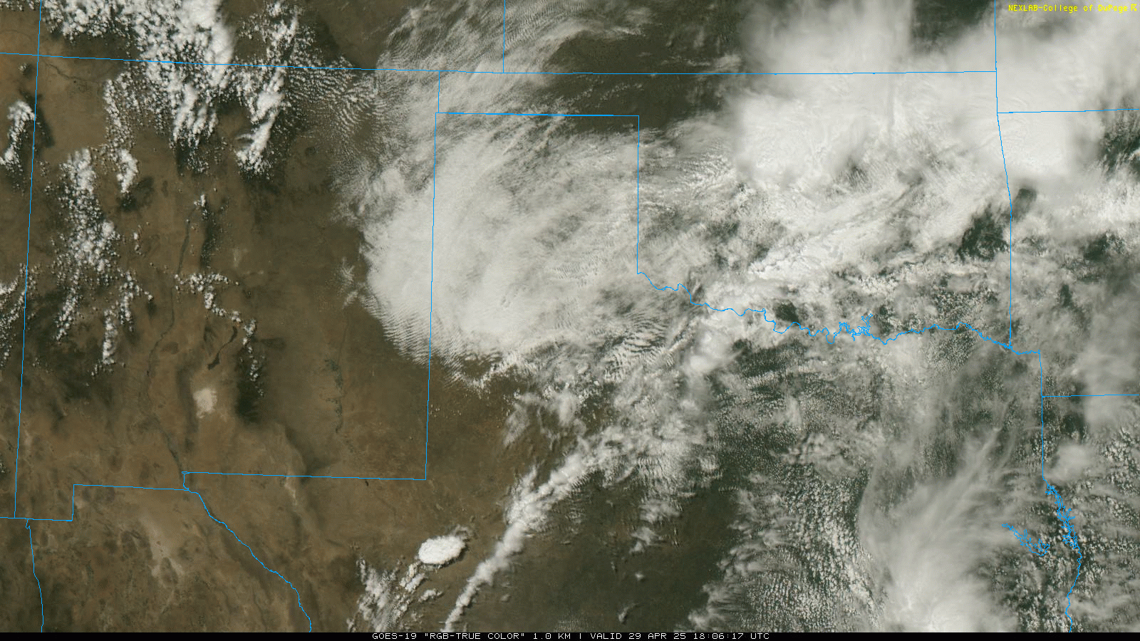 "RGB-True Color" satellite loop valid from 1:06 pm to 5:36 pm on Tuesday (29 April 2025).