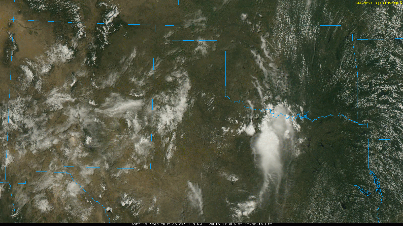 "RGB True-Color" satellite loop valid from 12:36 pm to 2:16 pm on Sunday (17 August 2025).