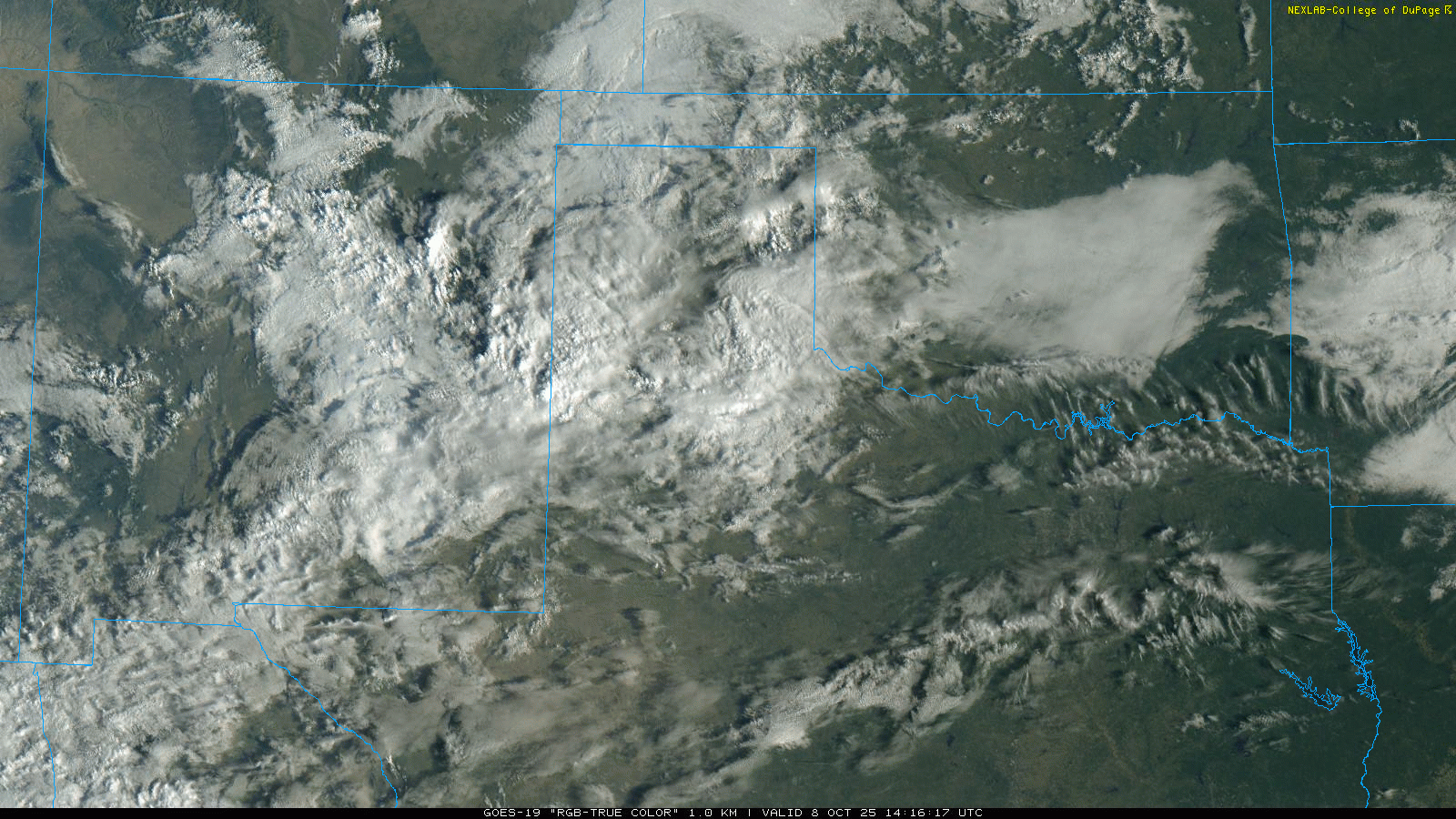 "RGB True-Color" satellite animation valid from 9:16 am to 3:56 pm on Wednesday (8 October 2025).