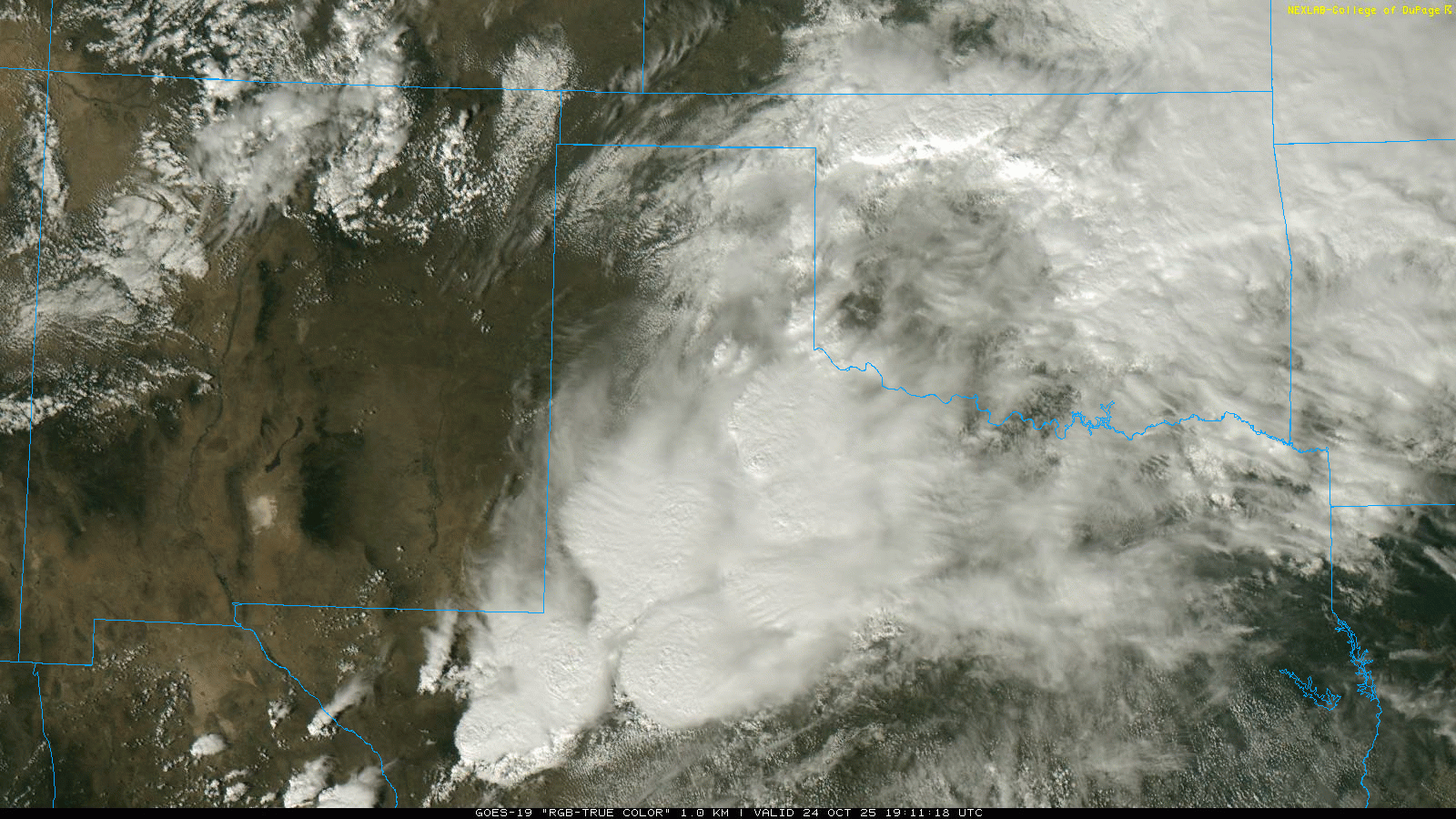 "RGB True-Color" satellite animation valid from 2:11 pm to 3:31 pm on Friday (24 October 2025).