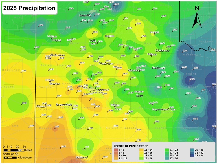 This map displays the precipitation totals for 2025. The map was created with data gathered from the NWS Cooperative observers and automated stations, and the West Texas Mesonet. Click on the map to view a full-sized version.