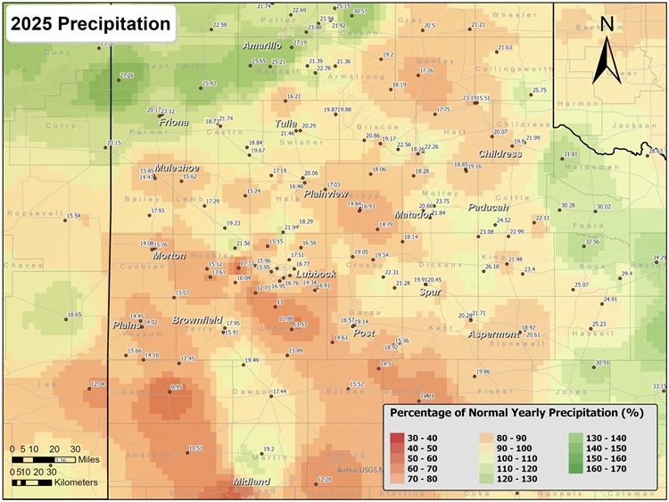 This map shows the 2025 rainfall as a percent of the 30-year normal rainfall (1991-2020).Â Also plotted is the rainfall observed, in inches, at each collection site. Please click on the map to view a full-sized version. 