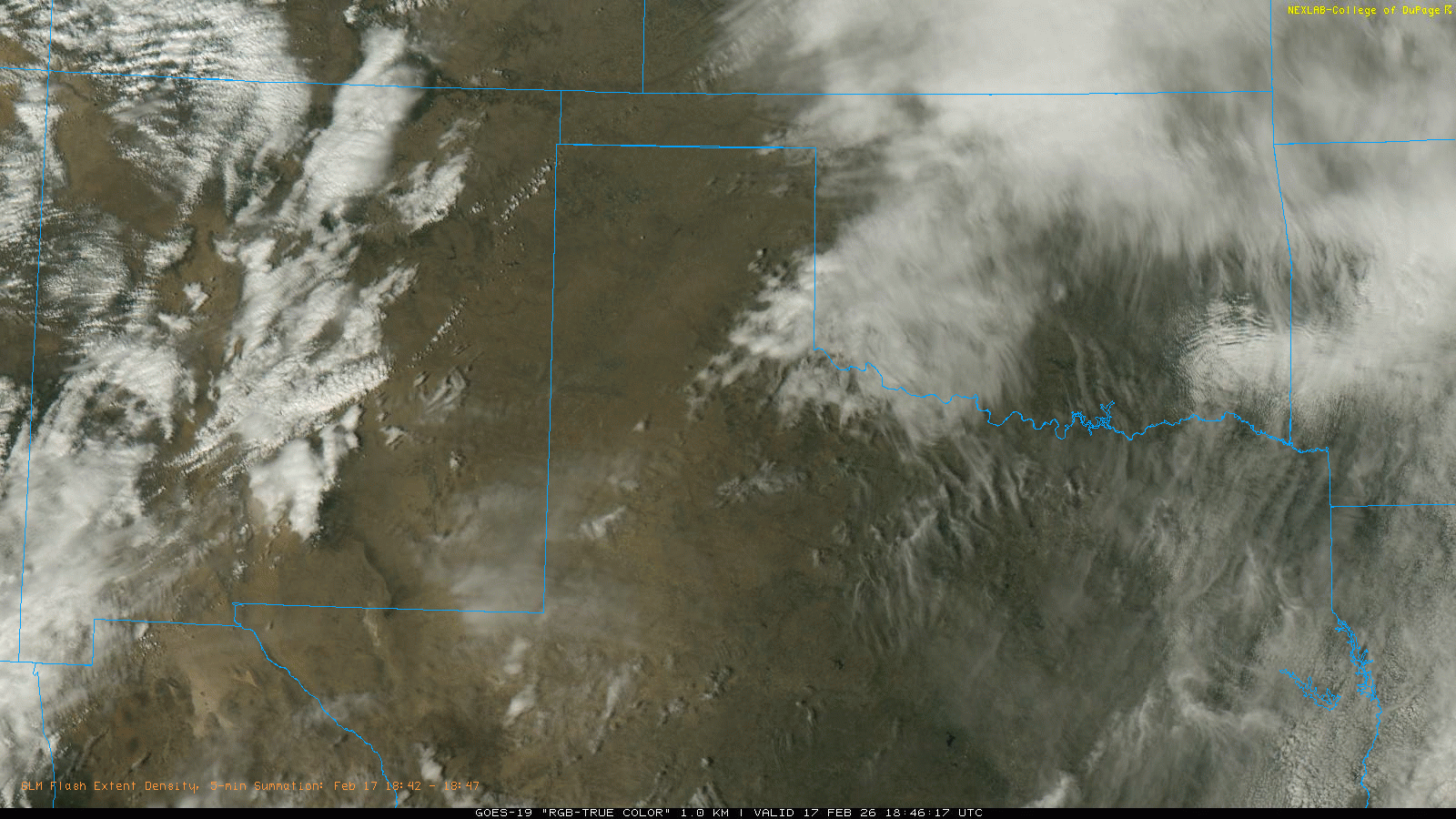 "RGB True Color" satellite animation valid from 12:51 pm to 5:46 pm on Tuesday (17 February 2026).