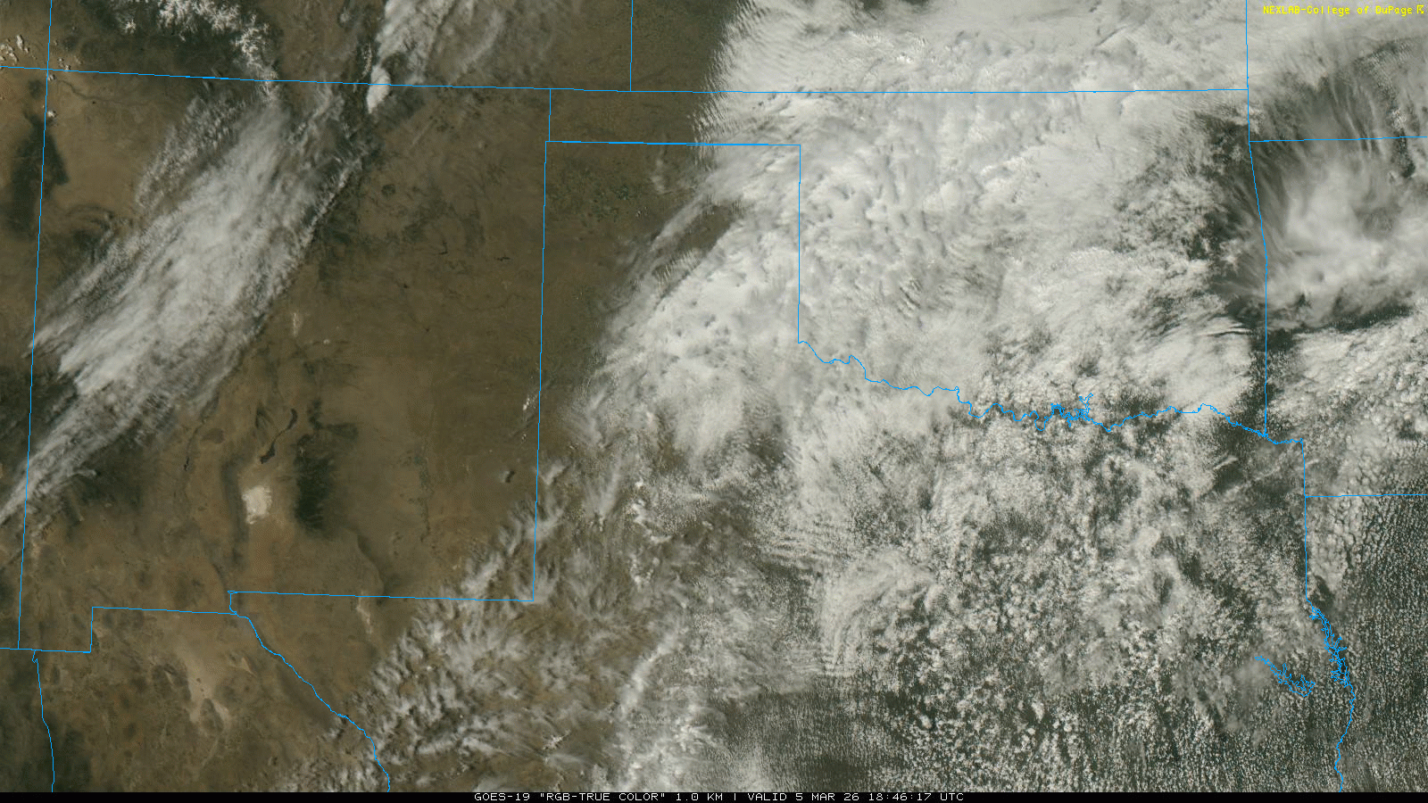 "RGB True Color" satellite animation valid from 12:46 pm to 5:56 pm on Thursday (5 March 2026).